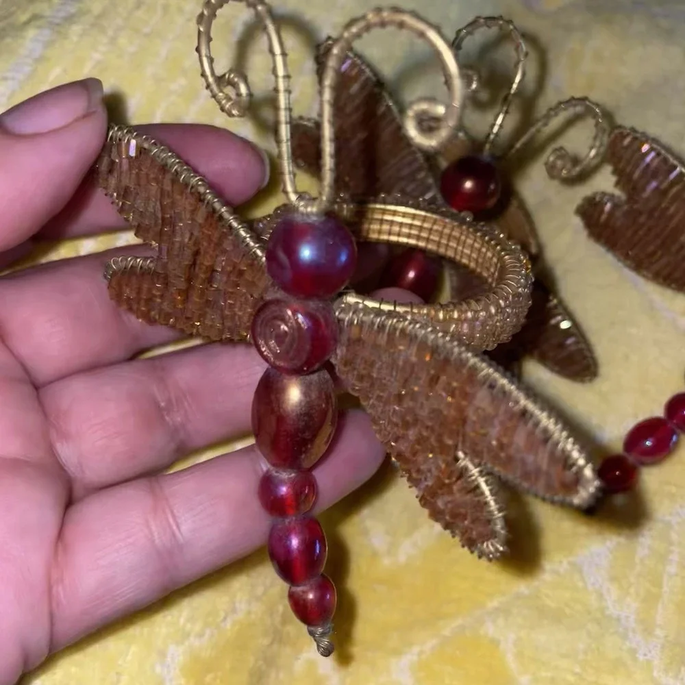 3 Pier One Beaded Dragonfly Napkin Rings ‎ Gold Wire Wings & Red Glass Beads